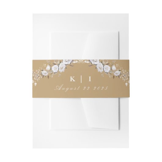 白エレガントと金ゴールドのバラのヴィンテージク結婚レスト 招待状ベリーバンド (正面例)