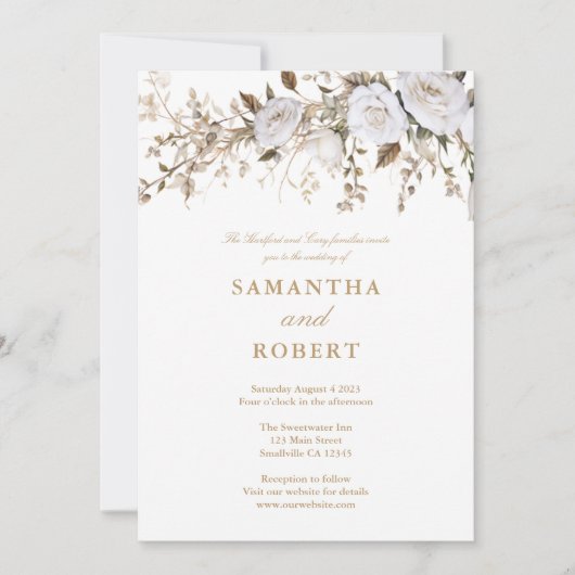 白エレガントと金ゴールドのバラのヴィンテージク結婚レスト 招待状 (正面)