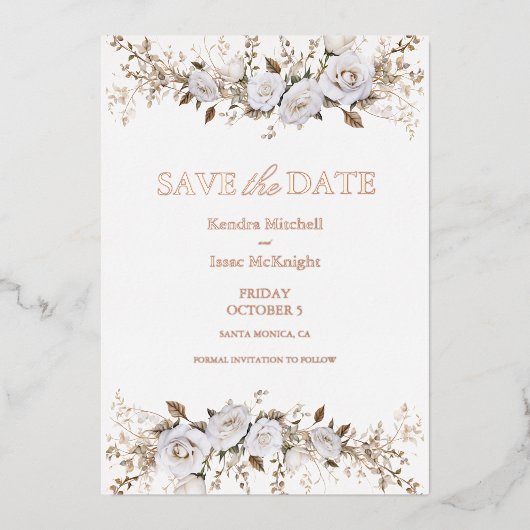 白エレガントと金ゴールドのバラのヴィンテージク結婚レスト 箔招待状 (正面)