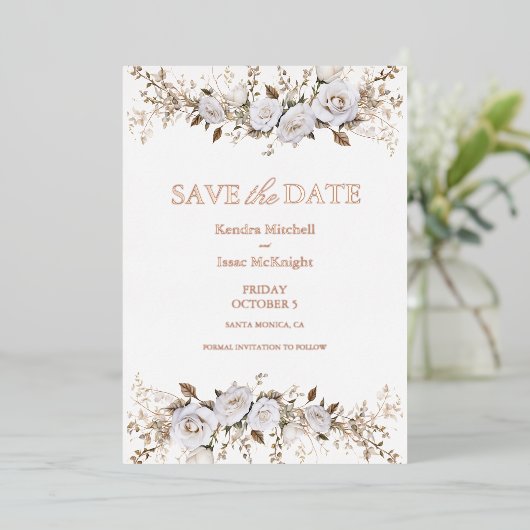 白エレガントと金ゴールドのバラのヴィンテージク結婚レスト 箔招待状 (立ち正面)