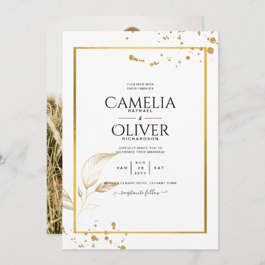 白エレガントと金ゴールドのフォト結婚式招待状 招待状 (正面/裏面)