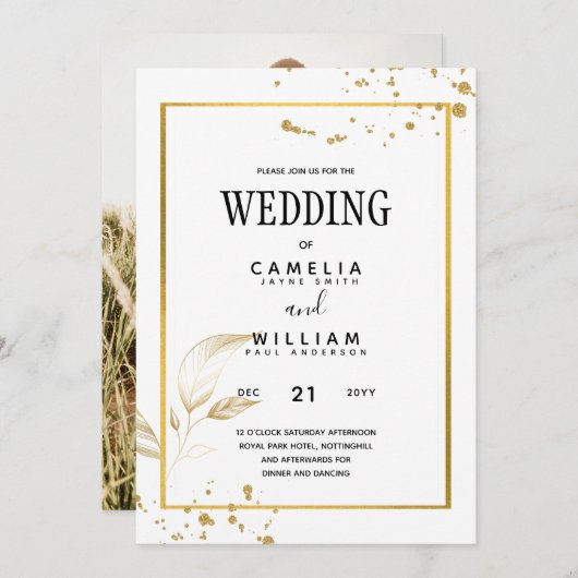 白エレガントと金ゴールドのフォト結婚式招待状 招待状 (正面/裏面)