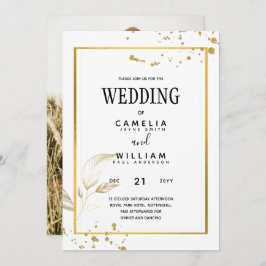 白エレガントと金ゴールドのフォト結婚式招待状 招待状