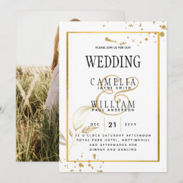 白エレガントと金ゴールドのフォト結婚式招待状 招待状
