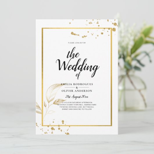 白エレガントと金ゴールドのフォト結婚式招待状 招待状 (スタンド正面)