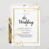 白エレガントと金ゴールドのフォト結婚式招待状 招待状 (正面/裏面)