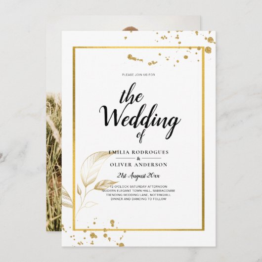 白エレガントと金ゴールドのフォト結婚式招待状 招待状 (正面/裏面)