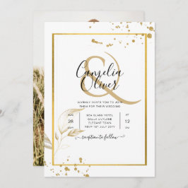 白エレガントと金ゴールドのフォト結婚式招待状 招待状