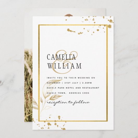 白エレガントと金ゴールドのフォト結婚式招待状 招待状 (正面/裏面)