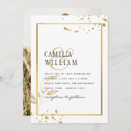 白エレガントと金ゴールドのフォト結婚式招待状 招待状