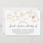 白エレガントと金ゴールドのフローラモダンスウィート16パーティー 招待状 (正面)