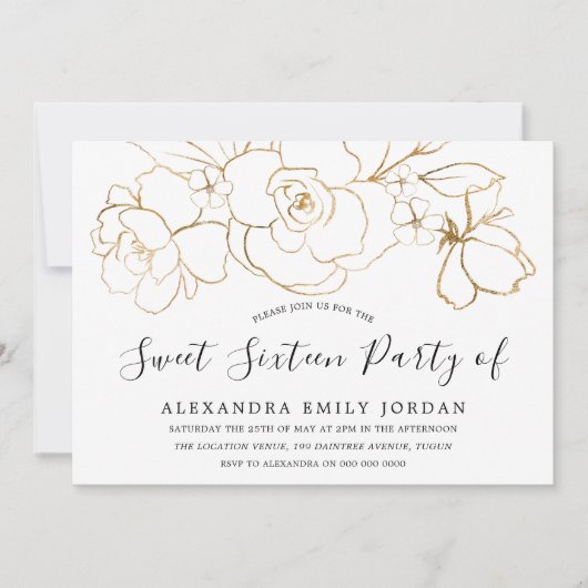 白エレガントと金ゴールドのフローラモダンスウィート16パーティー 招待状 (正面)