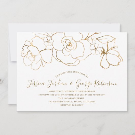 白エレガントと金ゴールドのフローラモダン結婚の 招待状 (正面)