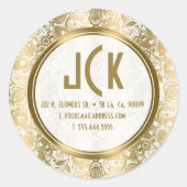 白エレガントと金ゴールドのフローラレースダマスパターン ラウンドシール (正面)