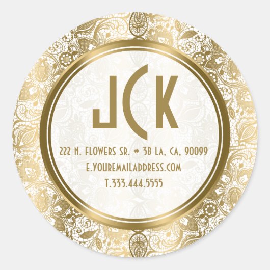 白エレガントと金ゴールドのフローラレースダマスパターン ラウンドシール (正面)