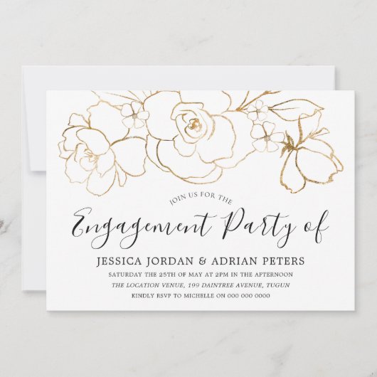 白エレガントと金ゴールドのフローラ婚約パーティ 招待状 (正面)