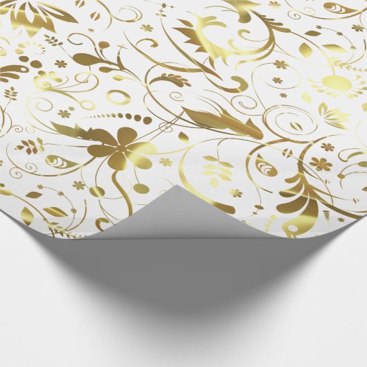 白エレガントと金ゴールドのフローラ ラッピングペーパー (角)