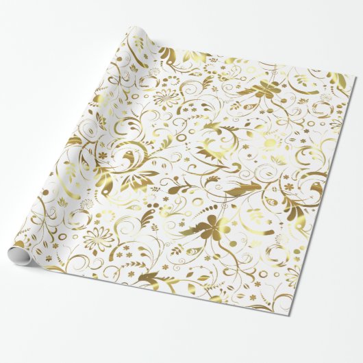 白エレガントと金ゴールドのフローラ ラッピングペーパー (アンロールド)
