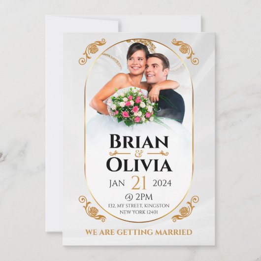 白エレガントと金ゴールドのミニマ結婚リストの写真 招待状 (正面)