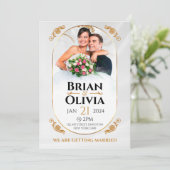 白エレガントと金ゴールドのミニマ結婚リストの写真 招待状 (スタンド正面)