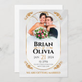 白エレガントと金ゴールドのミニマ結婚リストの写真 招待状 (正面/裏面)