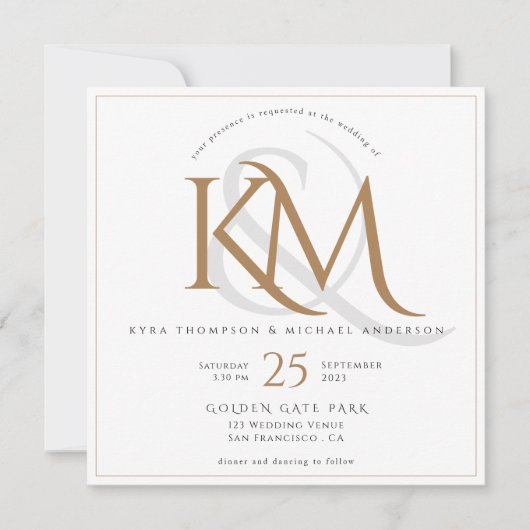 白エレガントと金ゴールドのモノグラムが一つ結婚に 招待状 (正面)