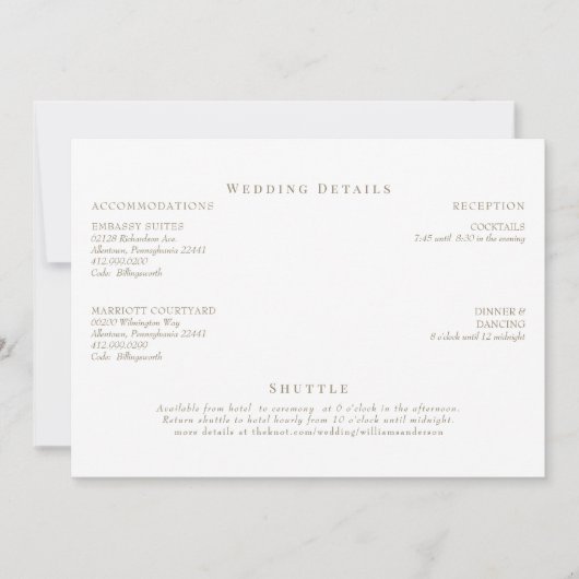 白エレガントと金ゴールドの文字結婚の詳細 招待状 (正面)