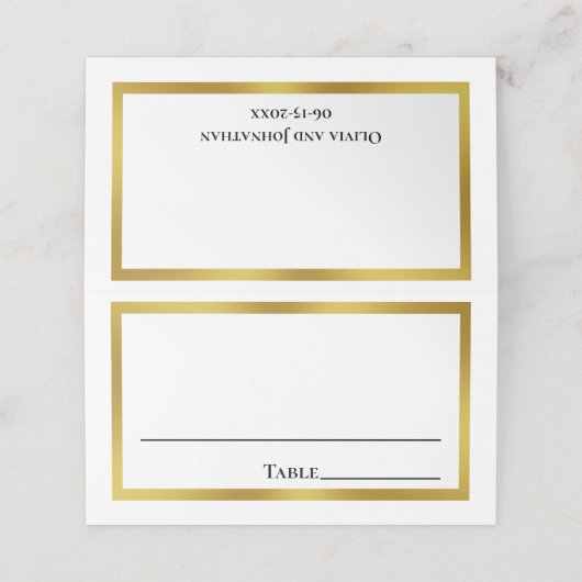 白エレガントと金ゴールドの新郎の名結婚前 プレイスカード (外部開封)