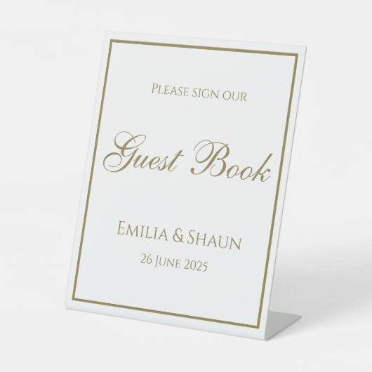 白エレガントと金ゴールドの結婚ゲストブックサイン 台座サイン (正面)