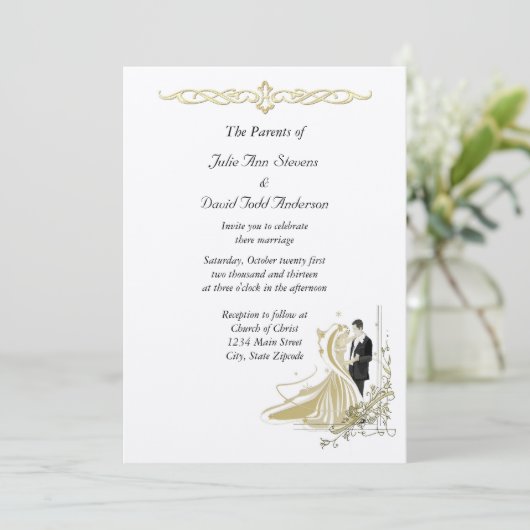白エレガントと金ゴールドの結婚式招待状 招待状 (スタンド正面)