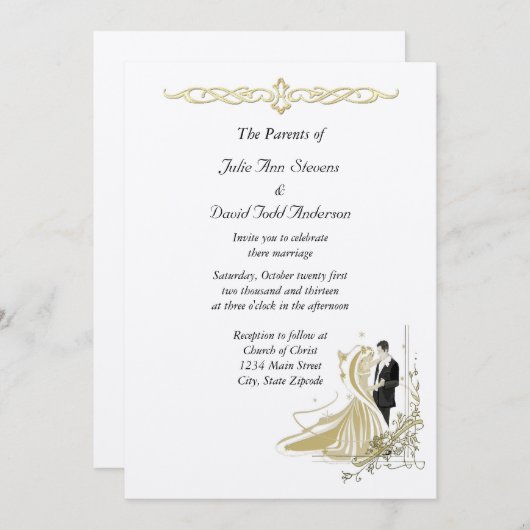 白エレガントと金ゴールドの結婚式招待状 招待状 (正面/裏面)