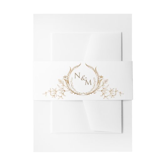 白エレガントと金ゴールドの結婚手描きモノグラム 招待状ベリーバンド (正面例)