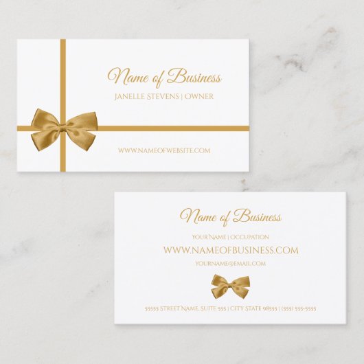 白エレガントと金ゴールドの贈り物のボ包まれたウ 名刺 (正面/裏面)
