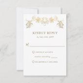 白エレガントと金ゴールドギルド葉、ウェディングRSVP 出欠カード (正面)