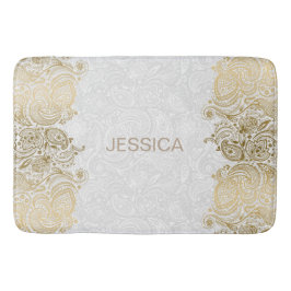 白エレガントと金ゴールドフローラペイズリーレース バスマット