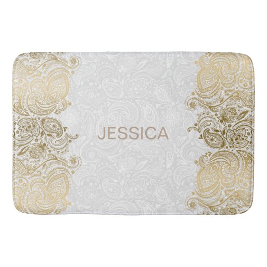白エレガントと金ゴールドフローラペイズリーレース バスマット (正面)