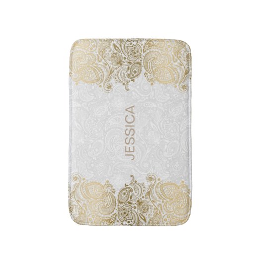 白エレガントと金ゴールドフローラペイズリーレース バスマット (正面縦)