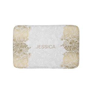 白エレガントと金ゴールドフローラペイズリーレース バスマット