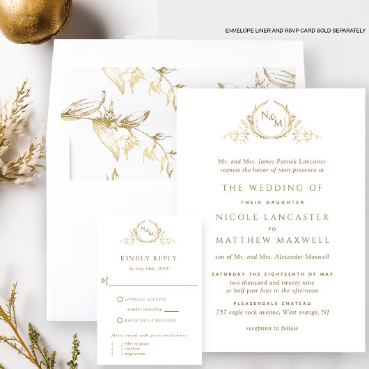 白エレガントと金ゴールドモノグラフォーマルム結婚ズ 招待状