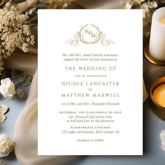 白エレガントと金ゴールドモノグラフォーマルム結婚ズ 招待状
