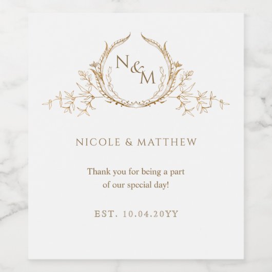 白エレガントと金ゴールドモノグラムの結婚の ワインラベル (シングルラベル)