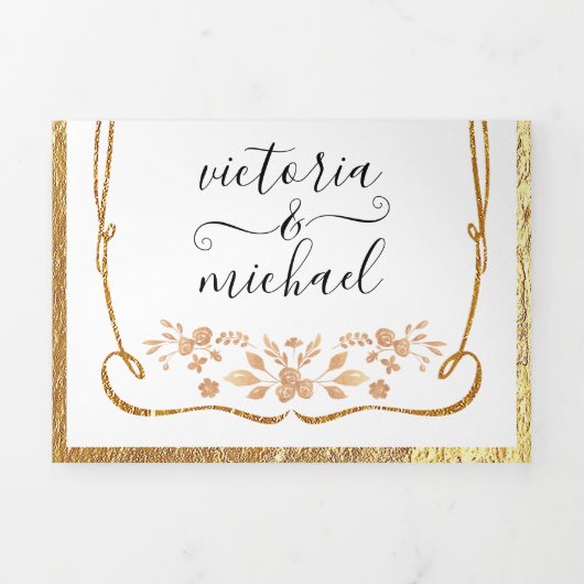 白エレガントと金ゴールド結婚のフローラ 三つ折り招待状 (カバー)