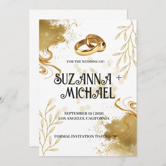 白エレガントと金ゴールド結婚の 招待状 (正面/裏面)