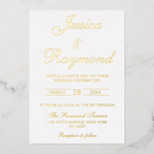 白エレガントと金ゴールド結婚の 箔招待状 (正面)