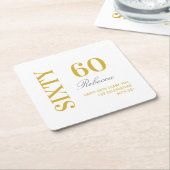 白エレガントと金ゴールド60番目の誕生日カクテルパーティー スクエアペーパーコースター (アングル)