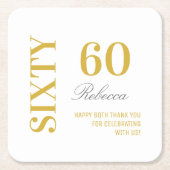 白エレガントと金ゴールド60番目の誕生日カクテルパーティー スクエアペーパーコースター (正面)