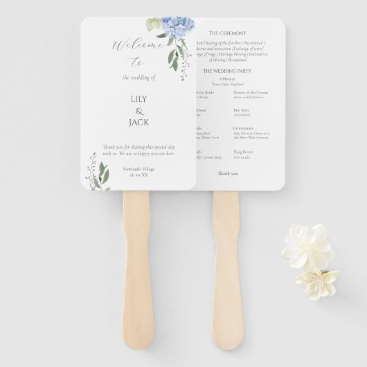 白エレガントと青のあじさいがファンのセット ハンドファン (正面&裏面)