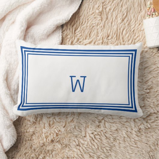 白エレガントと青のストライプモノグ縁どラム ランバークッション (ブランケット)