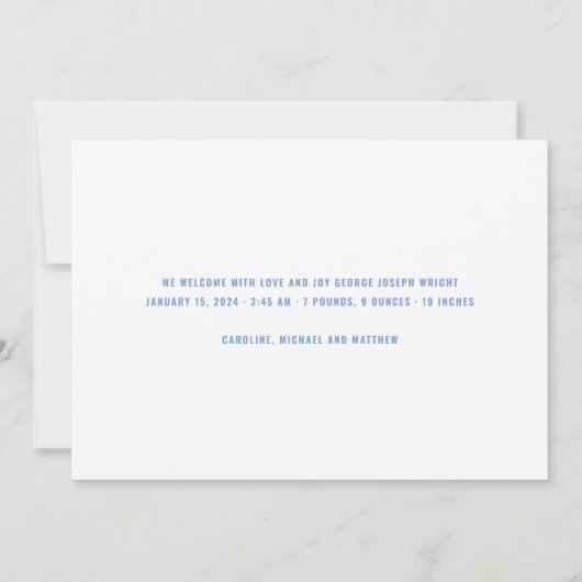 白エレガントと青のフォト誕生 案内状 (裏面)