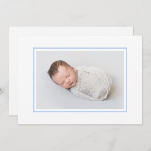 白エレガントと青のフォト誕生 案内状 (正面/裏面)